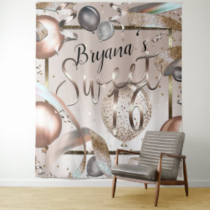 Roos Gold Pink Glitter Balloons Sweet 16 Backdrop Wandkleed