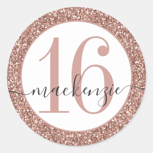 Roos Gold Pink Glitter Birthday Name Sticker Label (Voorkant)