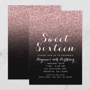 Roos Gold Pink Glitter & Black Sweet 16 Party Kaart