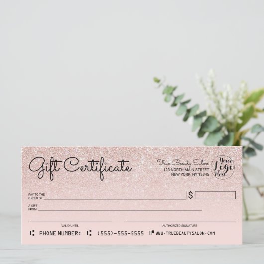 Roos Gold Pink Glitter Check Cadeaubon (Staand voorkant)