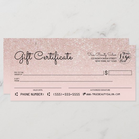 Roos Gold Pink Glitter Check Cadeaubon (Voorkant / Achterkant)