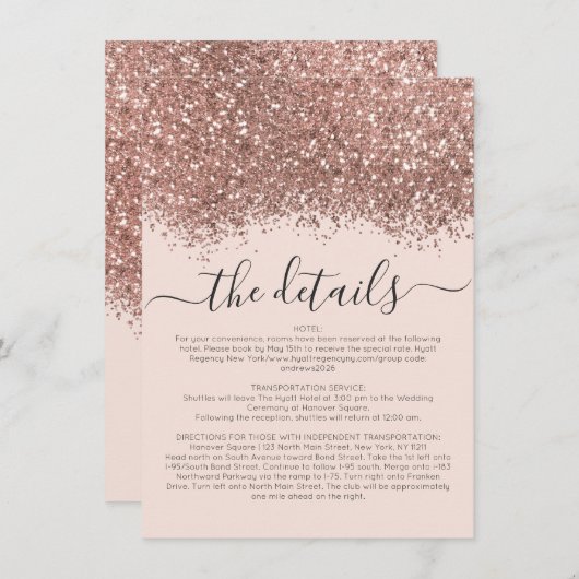 Roos Gold Pink Glitter Confetti Weddenschap - Gege Informatiekaartje (Voorkant / Achterkant)