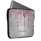 Roos Gold Pink Glitter Drift Silver Monogram Naam Laptop Sleeve (Voorkant Rechts)