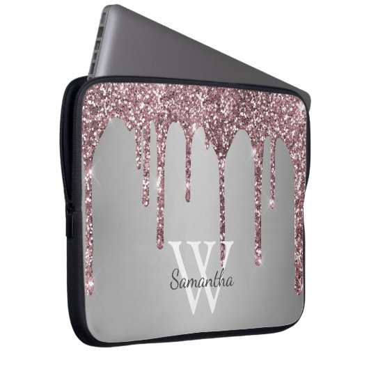 Roos Gold Pink Glitter Drift Silver Monogram Naam Laptop Sleeve (Voorkant Rechts)