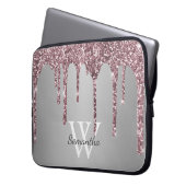 Roos Gold Pink Glitter Drift Silver Monogram Naam Laptop Sleeve (Voorkant Links)