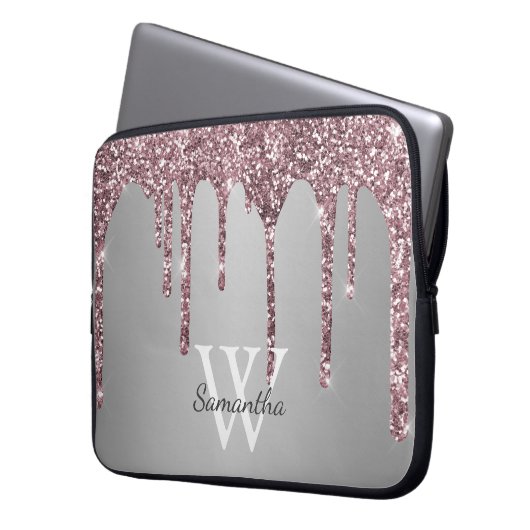 Roos Gold Pink Glitter Drift Silver Monogram Naam Laptop Sleeve (Voorkant Links)