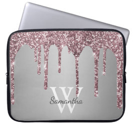 Roos Gold Pink Glitter Drift Silver Monogram Naam Laptop Sleeve