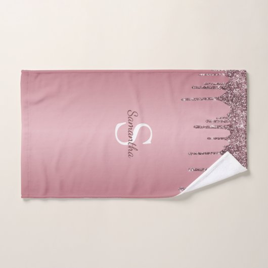 Roos Gold Pink Glitter Drift Sparkle Monogram Name Bad Handdoek (Handdoek)