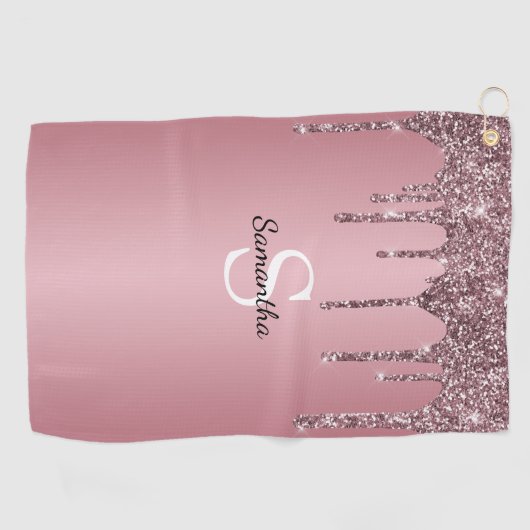 Roos Gold Pink Glitter Drift Sparkle Monogram Name Golfhanddoek (Horizontaal)