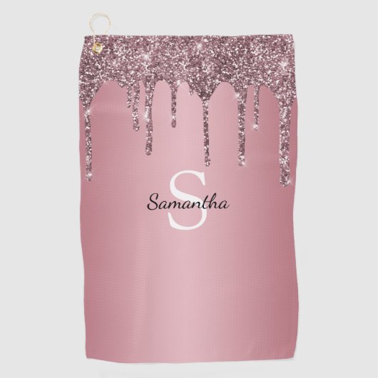 Roos Gold Pink Glitter Drift Sparkle Monogram Name Golfhanddoek (Voorkant)