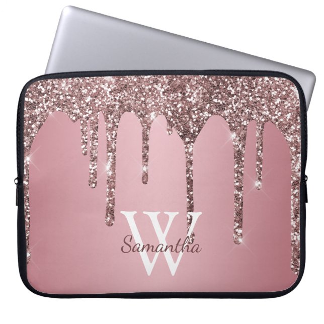 Roos Gold Pink Glitter Drift Sparkle Monogram Name Laptop Sleeve (Voorkant)