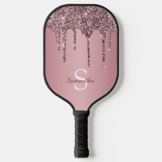 Roos Gold Pink Glitter Drift Sparkle Monogram Name Pickleball Paddle (Voorkant)