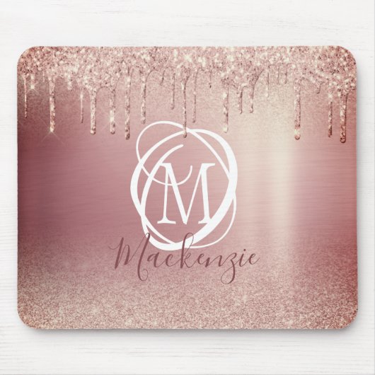 Roos Gold Pink Glitter Drip Elegant Monogram Muismat (Voorkant)