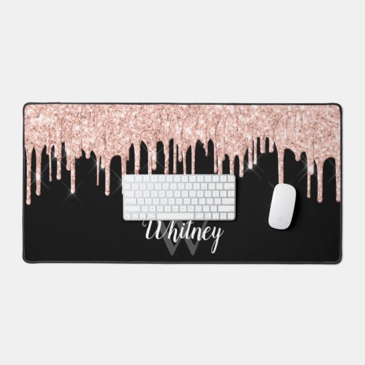 Roos Gold Pink Glitter Drip Monogram Naam Bureaumat (Keyboard & Muis)