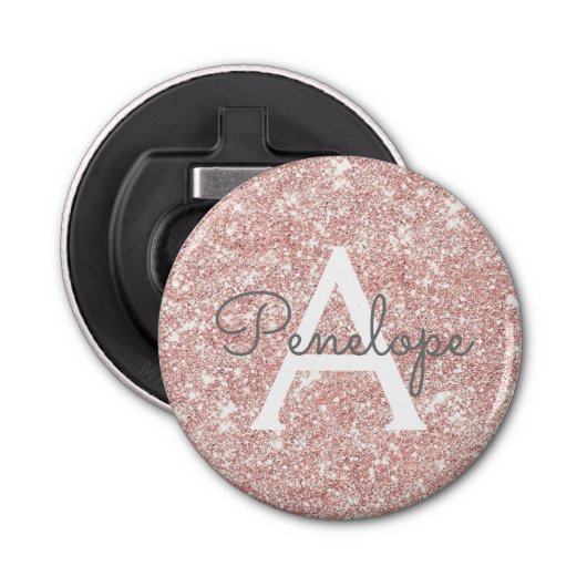 Roos Gold Pink Glitter en Monogram Button Flesopener (Voorkant)