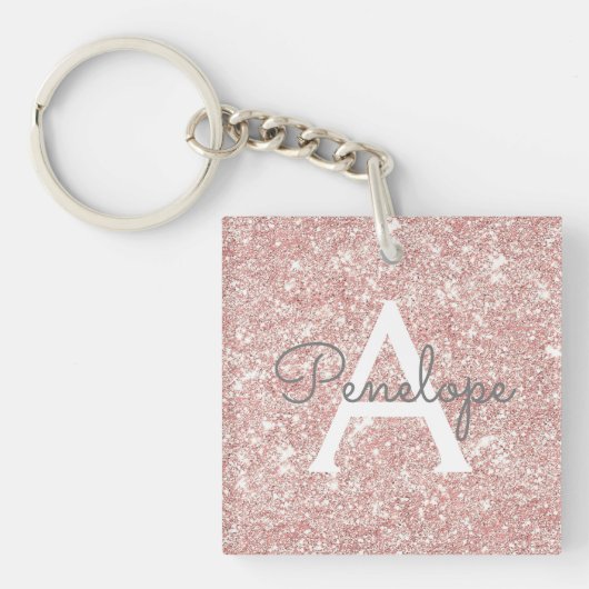 Roos Gold Pink Glitter en Monogram Sleutelhanger (voorkant)