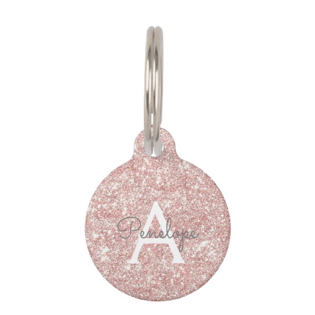 Roos Gold Pink Glitter en Sparkle Monogram Huisdierpenning (Voorkant)