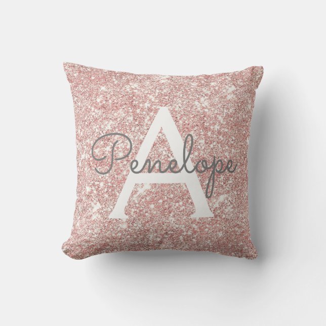 Roos Gold Pink Glitter en Sparkle Monogram Kussen (Voorkant)