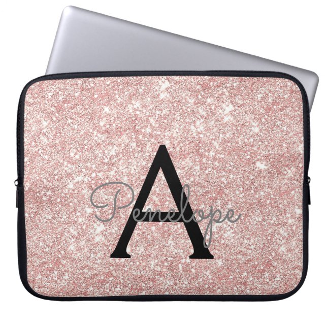 Roos Gold Pink Glitter en Sparkle Monogram Laptop Sleeve (Voorkant)