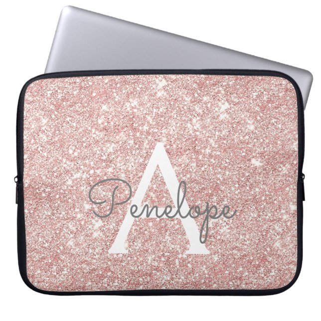 Roos Gold Pink Glitter en Sparkle Monogram Laptop Sleeve (Voorkant)