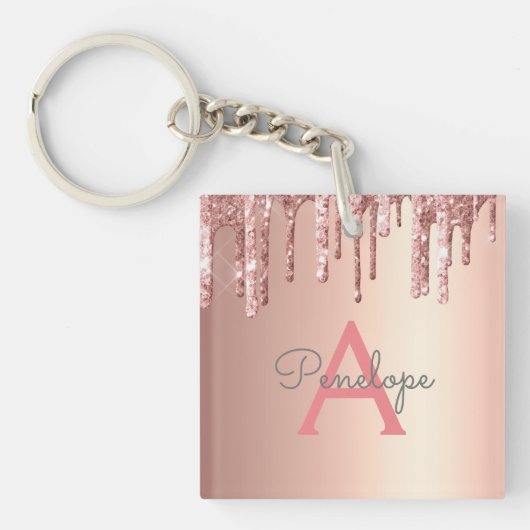 Roos Gold Pink Glitter en Sparkle Monogram Sleutelhanger (voorkant)