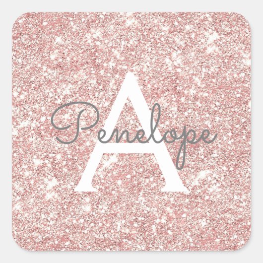 Roos Gold Pink Glitter en Sparkle Monogram Vierkante Sticker (Voorkant)