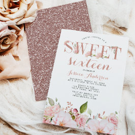 Roos Gold Pink Glitter Floral Sweet Sixteen Kaart