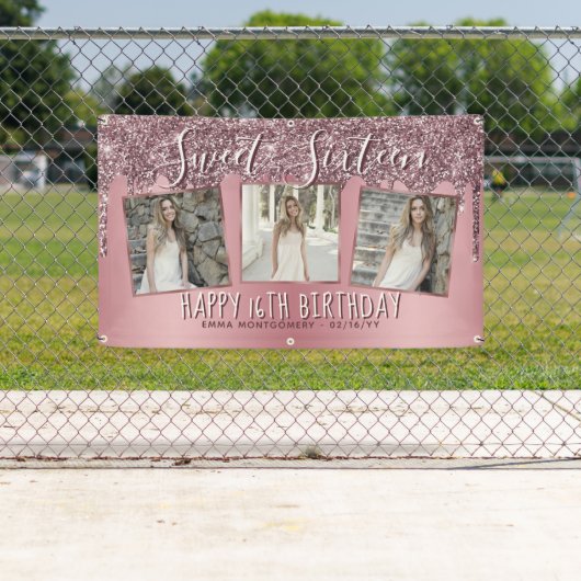 Roos Gold Pink Glitter Foto Collage 16e verjaardag Spandoek (Insitu)