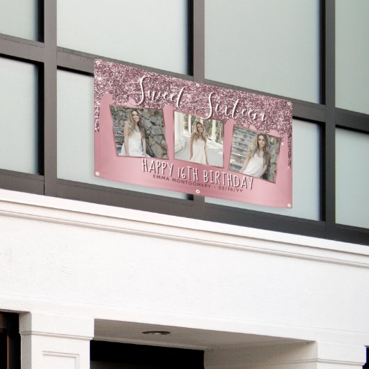 Roos Gold Pink Glitter Foto Collage 16e verjaardag Spandoek (Buitenkant Gebouw)