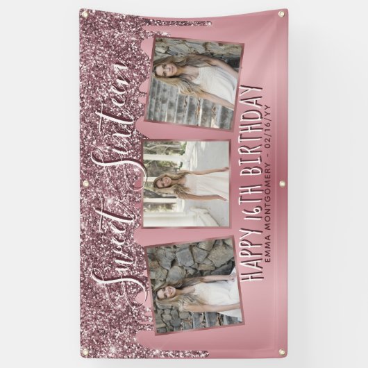 Roos Gold Pink Glitter Foto Collage 16e verjaardag Spandoek (Verticaal)