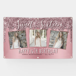 Roos Gold Pink Glitter Foto Collage 16e verjaardag Spandoek