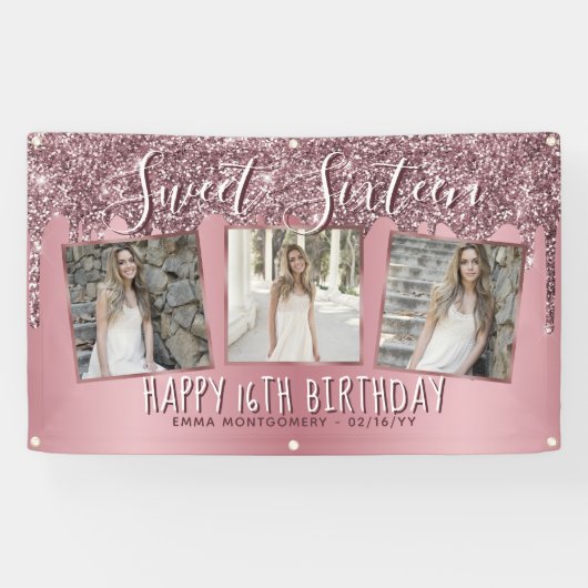 Roos Gold Pink Glitter Foto Collage 16e verjaardag Spandoek (Horizontaal)