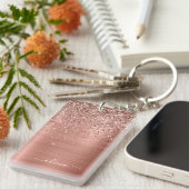 Roos Gold Pink Glitter geborsteld Metaal Monogram Sleutelhanger (Voorkant Rechts)