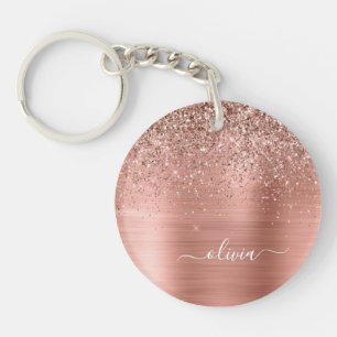 Roos Gold Pink Glitter geborsteld Metaal Monogram Sleutelhanger