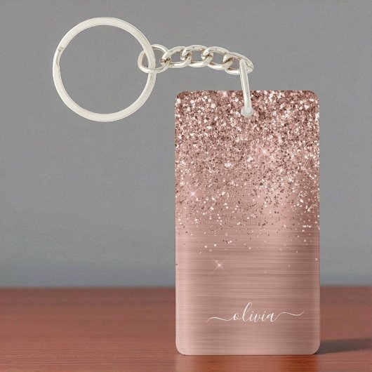 Roos Gold Pink Glitter geborsteld Metaal Monogram Sleutelhanger