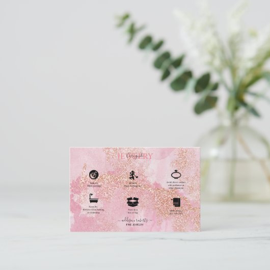 Roos Gold Pink Glitter Jewelry Care Visitekaartje (Staand voorkant)