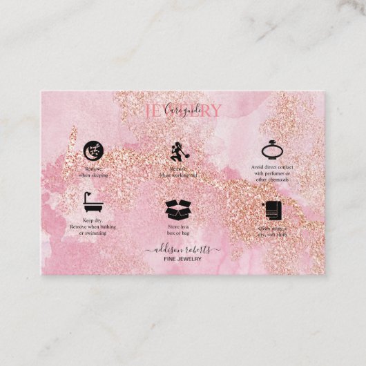Roos Gold Pink Glitter Jewelry Care Visitekaartje (Voorkant)