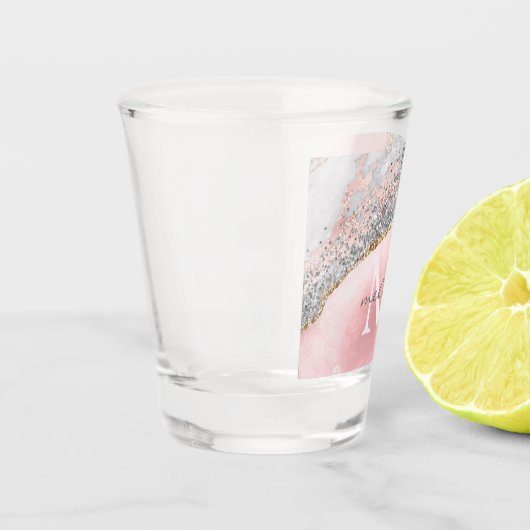 Roos Gold Pink Glitter Marble Monogram Naam Shot Glas (Links)