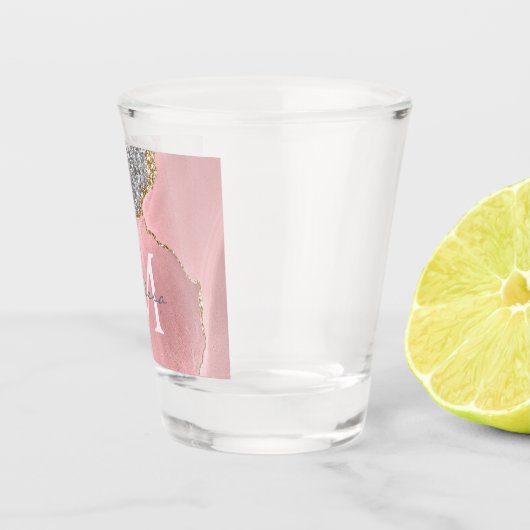 Roos Gold Pink Glitter Marble Monogram Naam Shot Glas (Rechts)