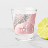 Roos Gold Pink Glitter Marble Monogram Naam Shot Glas (Voorkant)