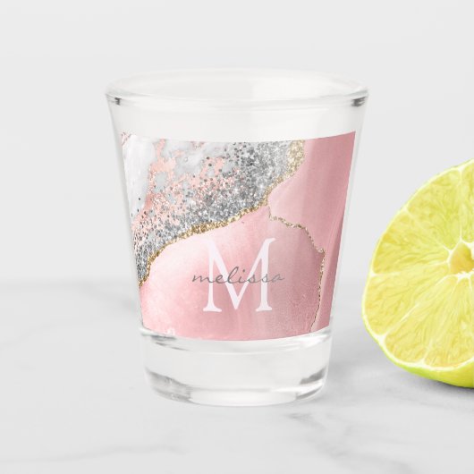 Roos Gold Pink Glitter Marble Monogram Naam Shot Glas (Voorkant)