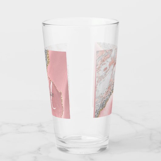Roos Gold Pink Glitter Marble Monogram Name Script Glas (Links)