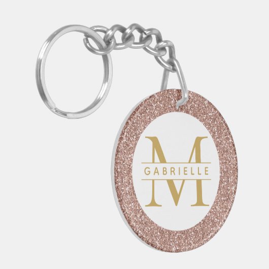 Roos Gold Pink Glitter Monogram Naam Sleutelhanger (Voorkant Links)