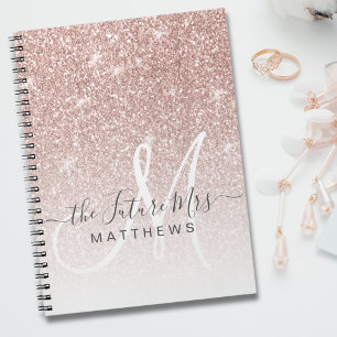 Roos Gold Pink Glitter Monogram Name Future Mrs. Notitieboek