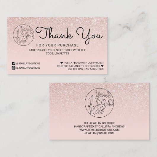 Roos Gold Pink Glitter Ombre Klant Hartelijk dank Visitekaartje (Voorkant / Achterkant)