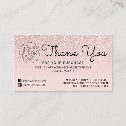 Roos Gold Pink Glitter Ombre Klant Hartelijk dank Visitekaartje (Voorkant)