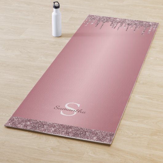Roos Gold Pink Glitter Sparkle Drip Monogram Naam Yogamat (In situ)