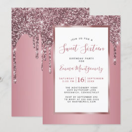 Roos Gold Pink Glitter Sweet 16 Birthday Party Kaart