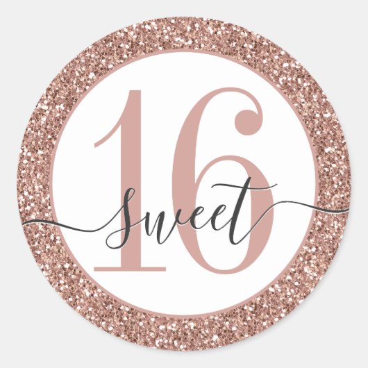 Roos Gold Pink Glitter Sweet 16 Favor Sticker Seal (Voorkant)