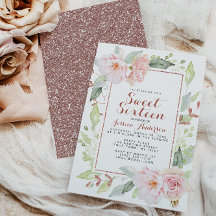 Roos Gold Pink Glitter Sweet Sixteen Inv